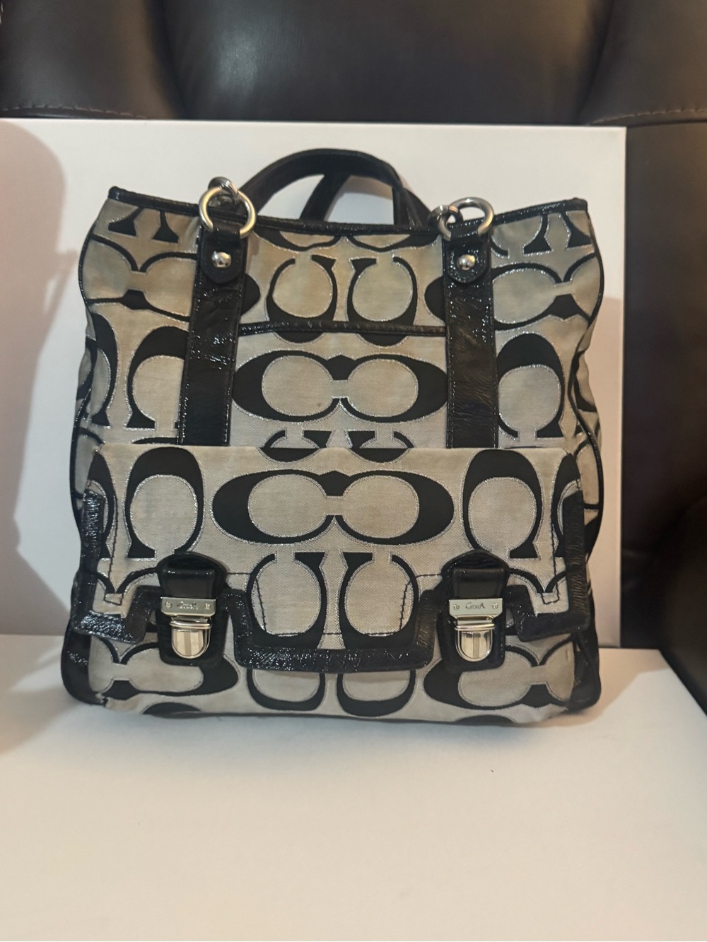 Vintage 2011 Coach Poppy Signature Sateen Push-Lock Tote Bag 18355